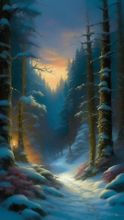 Beautiful magical snow forest painting, enchanting, dream, snowy forest, delicate snowflakes, digital painting, magical glowing dots, night, digital painting, fantasy painting, magical snow, falling snow, beautiful painting, soft snow ground, tall trees And magnificent, fairy, magical forest, fantasy world, vibrant painting, by Thomas Kinkade