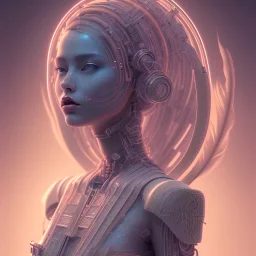 A beautiful portrait of a cute cyberpunk woman, grain on the skin, orange color scheme, high key lighting, volumetric light high details with white stripes and feathers full length clean art NFT, soft lighting, soft pastel gradients, high definition, blender 3d cinematic, op art, visionary art, sacred geometry, fractal, white balanced