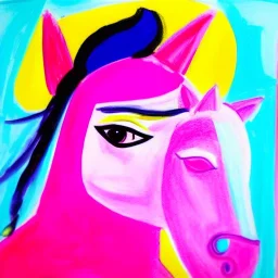 Retrato de una niña muy guapa llamada Dalia Santiago Arnau montando un unicornio rosa con el estilo de Pablo Picasso