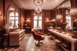 luxurious european beauty salon space in fashion photography style, with warm colors and cozy ambience