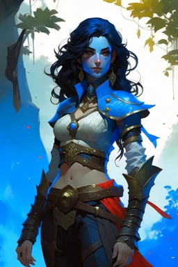 create an adult female air genasi from dungeons and dragons, black medium hair, light blue eyes, blue skin, wavy hair, wearing red leather armor, full body, digital painting, high resolution, forest background, a bit zoomed out