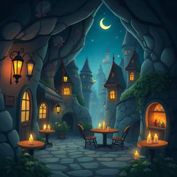 Cartoon whimsical fantasy nighttime underground city cafe lit by candles