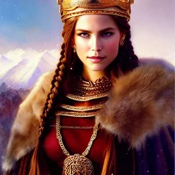 portrait beautiful face viking queen,braids,busty,,snow,castle,mountains,ancient leather armor, balanciaga fashion clothe painting by gaston bussiere, greg rutkowski, yoji shinkawa, yoshitaka amano, tsutomu nihei, donato giancola, tim hildebrandt, oil on canvas, cinematic composition, extreme detail,fit full head inside picture,16k