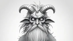 Monochromatic, highly detailed digital illustration featuring a fantastical creature with a humanoid face. The creature has a long, flowing beard and hair that appears wild and unkempt. It has a pair of large, curved horns protruding from its forehead and two smaller, tusk-like horns emerging from its cheeks. The skin is textured and appears rough, with a pale, almost ghostly complexion. The eyes are wide open, giving an intense and somewhat eerie expression. The background is a gradient of ligh