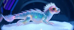 The image depicts a fantastical glitter dragon squid squirrel snow soup, specifically a transparent with neon plasma aura, with a unique and whimsical appearance. The seal dragon is positioned in a circular frame, which suggests it might be inside a container or a vessel. The body is elongated and has a segmented appearance, with a detailed texture that gives it a realistic look. Its head is covered with white, spiky hair, adding to its fantastical charm. From the weird dragon lab.