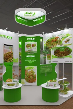 Corner green exhibition stand of a food company with product displays and a meeting area