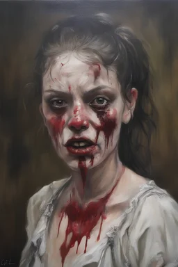 a portrait of an extremely ugly backwoods, inbred, female, hillbilly cannibal prostitute with a black eye and a fat lip and blood dripping from her mouth, oil painting by Zushia Zalarngo