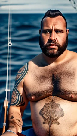 photography of a burly marocan fisherman sunbathing on a fisher wooden boat, in little french briefs, tattoo, manly chest, ugly, 34 years old, bullneck, white long beard, dreadlocks, muscular chubby, screaming, angry eyes, photorealistic, Canon EOS, 8k