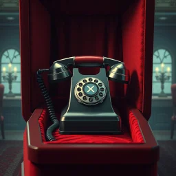 vintage telephone receiver that has X's for eyes sitting in a red velvet coffin, concept art, digital illustration, hyperrealistic, background in a open casket wake at a funeral home