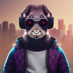 stylized Rabbit toddler, smiling, cyberpunk headphone, sunglass, gangsta gold neckless, full body, magenta puffer jacket, manila city backdrop, dramatic lighting, hyper realistic, unreal engine 5, 16k