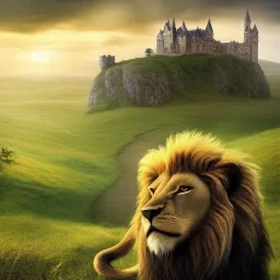 Chronicles of Narnia, Aslan the lion on a hill with castle in background, 8k resolution, high-quality, fine-detail, intricate, digital art, detailed matte, volumetric lighting, illustration, 3D octane render, brian froud, howard lyon, selina french, anna dittmann, annie stokes, lisa parker, greg rutowski,