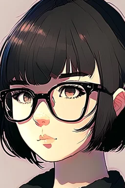 a close up of a person wearing glasses, kpop amino, flat icon, girl wearing round glasses, short black hair with bangs, dora the explorer as real girl, style of hajime isayama, profile picture 1024px, small round face, short bob hair, twitter pfp, photo of the girl, !!wearing modern glasses!!, || very anime