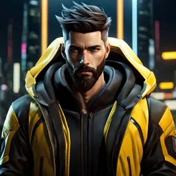 Handsome young white male , yellow jacket jacket, cool beard , full face , cyberpunk background, anime style, video game character, unreal engine, trending artstation, trending deviantart