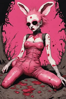 Tank girl, lying pose, rabbit mask, pink short hair, latex suit, highly detailed, fullbody, splashes blood, behind guts rising from the ground, papercut illustration by <John Kenn Mortensen>, darkred tones,