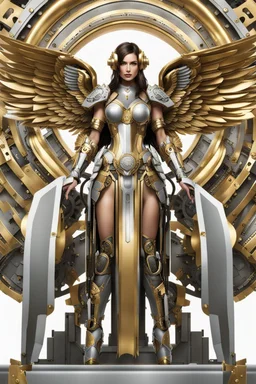 Photo Full body Lady Angel cyborg straddle wings, using traditional armor,detailed, intricate,gears cogs cables wires circuits, gold silver chrome copper,abstract background