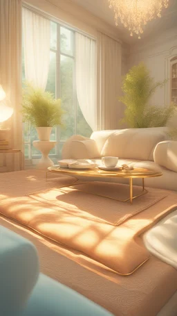 Create an image of a cozy living room overlooking a garden. There is a steaming cup of coffee on a table and soft music is playing in the background. It's a magical atmosphere in soft colors with gold., Miki Asai Macro photography, close-up, hyper detailed, trending on artstation, sharp focus, studio photo, intricate details, highly detailed, by greg rutkowski