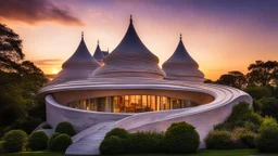 8001, delightful, sensitive, confident, undulating sinusoidal castle with hyperbolic roofs, delicate, sunset, architecture, award-winning photograph, beautiful composition, filled with beautiful detail, delicate colour, chiaroscuro