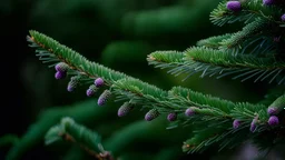 image beautifully captures korean fir purple cones on the branches , with a rich green backdrop. The needles are vibrant, and the overall composition has a serene, natural feel, enhanced by the lighting