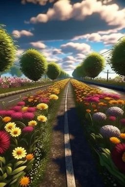 A road full of beautiful flowers and around the road on both sides of it are thick thorns Photorealistic