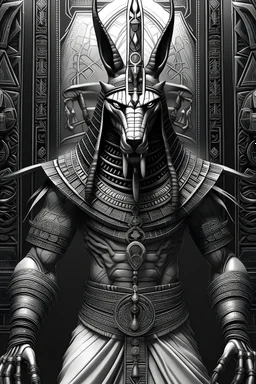 grayscale, Anubis, Egyptian god, angry, multiple textures, detailed clothing, hieroglyphs, contrasting light