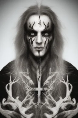 Symmetric portrait of a man with black metal facepaint, with long white hair, with a cross on his forehead, with bloody eyes