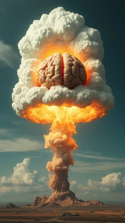 nuclear explosion cloud, the top is crossed with a human brain and eyes