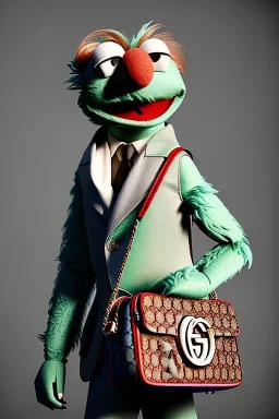 Gucci bag made by muppet face, Sesame Street style, retro style, photo studio, unreal engine 5, god lights, ray tracing, RTX, lumen lighting, ultra detail, volumetric lighting, 3d.