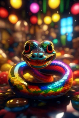 cute snake smiling among a pile of transparent jelly bubbles of weird colors, disco egg made of small mirror, light rayz, feast table ,shot on Hasselblad h6d-400c, zeiss prime lens, bokeh like f/0.8, tilt-shift lens 8k, high detail, smooth render, down-light, unreal engine, prize winning