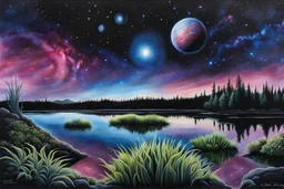 lake on an alien world within the Orion Nebula, by night, nebula reflected in the water, alien otherworldly plant like life forms unlike those of earth :: extremely detailed, intricate, photorealistic, beautiful, high detail, high definition, pencil sketch, deep color, watercolor, award winning, crisp quality