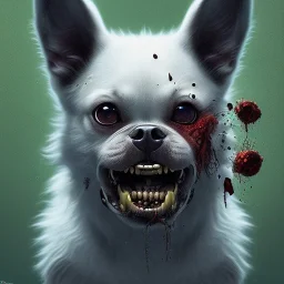 Dog, monster, green, horror, teeth, gore, blood, masterpiece, expert, 8K, hyperrealism, sharp focus, cinematic lighting