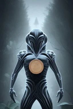 running alien portrait , black jogging suite , in the night Alps , holding leaves and coins , angels background, volumetric light, high detail, dark leaf tree, dark mountains in background, perfect, HR Giger style