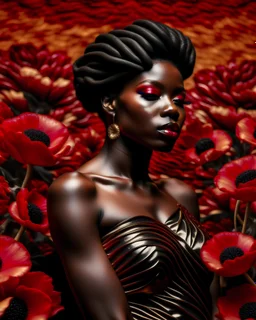 masterpiece, vibrant colors, an african female wearing gold jewelry and a black dress, surrounded by giant red and gold poppy flowers, hyper realism, 8k, ultra detailed, photorealistic, ultra realistic