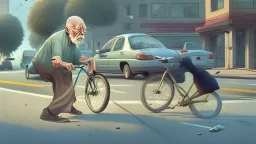 dumb old bald old man rides bike across the street and gets hit by a car