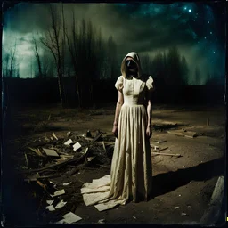 Photorealistic polaroid nothingness and distressing anguish old wooden figure wasteland night, Hieronymus Bosch, shot on Hasselblad, movie shot, details of the dress accentuated, nightmare, hypermaximalist, obsessive, hypnotic