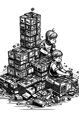 black&white tattoo sketch of two people stacking lego blocks on top of each other; thick lines, few details