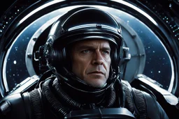 [movie shot by H.R. Giger in Verve colour palette] Cinematic side-profile of a pilot in a futuristic spaceship, slammed into his seat by extreme G-forces. Facial features strain under pressure. A round porthole beside him shows the dark void of space with faint star streaks. Cockpit illuminated by glowing panels and dramatic rim light, high-detail realism.