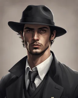 Man He wears Italian gangster clothes He is tall, , has a beautiful face, has brown eyes, and wears a black hat