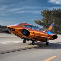 award winning car and driver photograph of a futuristic station wagon fighter-jet genetic-splice designed by only one vehicle per image painted metallic orange traveling at a high rate of speed, jet intake off of front center of vehicle and jet exhaust out the rear with bright blue flames painted on the hod and front quarter panels, bilaterally symetrical, more a high speed road vehicle