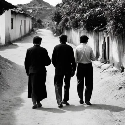 People in 1995 walking on a street in a village, black and white, very odd