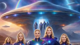 ufos rainbows,beautifuls paysages, fantastic colours,cosmic woman ,beautiful ufos rainbow, admiral from the future, galactic confédération, fine whole face, crystalline skin, expressive purple eyes,rainbow, smiling lips, very nice smile, costume pleiadian, Beautiful tall woman pleiadian Galactic commander, ship, perfect datailed golden galactic suit, high rank, long blond hair, hand whit five perfect detailed finger, amazing big puple eyes, mouth, high définition lips, cosmic happiness, bright