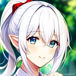 Clear focus, 8k, Elf, Rumiko Takahashi style, White hair, ponytail, hair in between the eyes, up close,