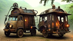 steampunk gipsy caravan crossed with a boat flying high over a jungle with platforms, verandas, and people, intricate