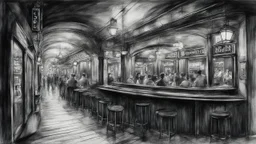 A charcoal sketch with soft shading Down the ramp in the tunnel round and about above the bass of timeless tunes crackles the warmth of blues, depicting a nostalgic jazz bar hidden beneath the bustling city streets, where musicians play soulful melodies to a captivated audience