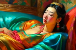 oriental woman lying on a pillow painting neoclassism bright colors zoom out realistic