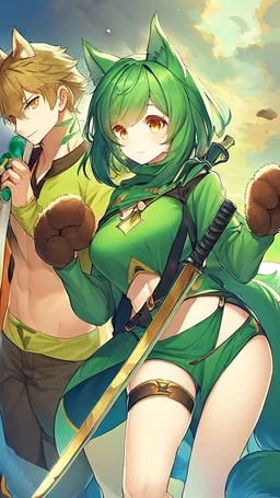 Girl, 2boy ,wolf muzzle, long green hair, green wolf ears,2 wolf tail, open navel, short blue shirt,animal tail, animal paws, wolf paws hand, orange eyes, sword.