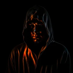 monk in black hoodie in the dark with his face in the shadow