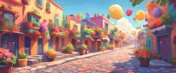 Background: colorful Mexican city street, sunny summer day, party, cobblestone, 3D vector cartoon asset, mobile game cartoon stylized, clean Details: colorful flowers, lights, daytime party, detailed. Camera: side angle, 90°, 35 mm. Lighting: colorful morning sky, LED lights. cartoon style