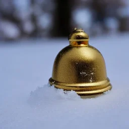 long shot of exquisite tiny gold bell half buried in snow, gentle snowy scene, soft lighting, snowdrift, long shot