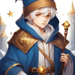 Fantasy World, A boy only wearing a closed wizards robe, and wearing a wizards hat. White Hair. Golden Eyes.