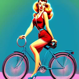 young woman riding a bike, pin up style